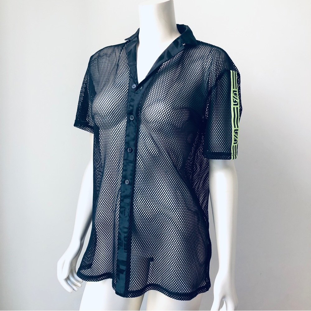 LF The Brand Mesh Button Down with Neon Yellow Green Shoulder Detail Logo XS